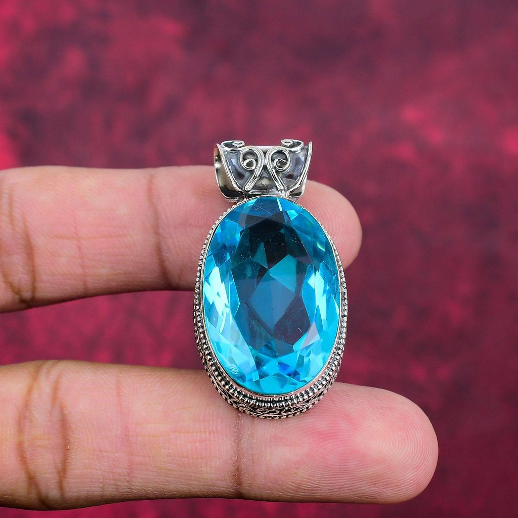 Blue Topaz Pendant, 925 Sterling Silver Pendant Gemstone Jewelry, Handmade Pendant Amazing Jewelry, Gift For Her