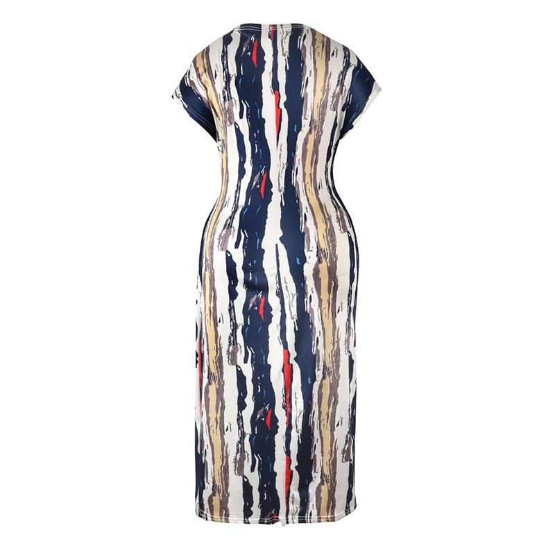 Sommer Neu Bedrucktes V-Ausschnitt Lässiges Sexy Langes Kleid Damen Hohe Taille Schlanke Passform Elegante Kleider Damen Vintage Gestreiftes Büro Damen Party Club Kleid 26270