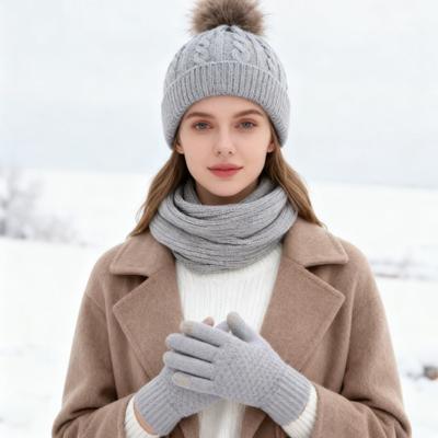 3Pcs/Set Women Winter Hat Scarf Gloves Set Plush Ball Decor Twist Texture Knitting Hat Long Scarf Warm Gloves Set
