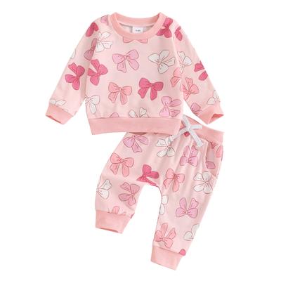 Little Girls 2PCS Fall Sets Long Sleeve Round Neck Bow Print Tops Drawstring Pants 