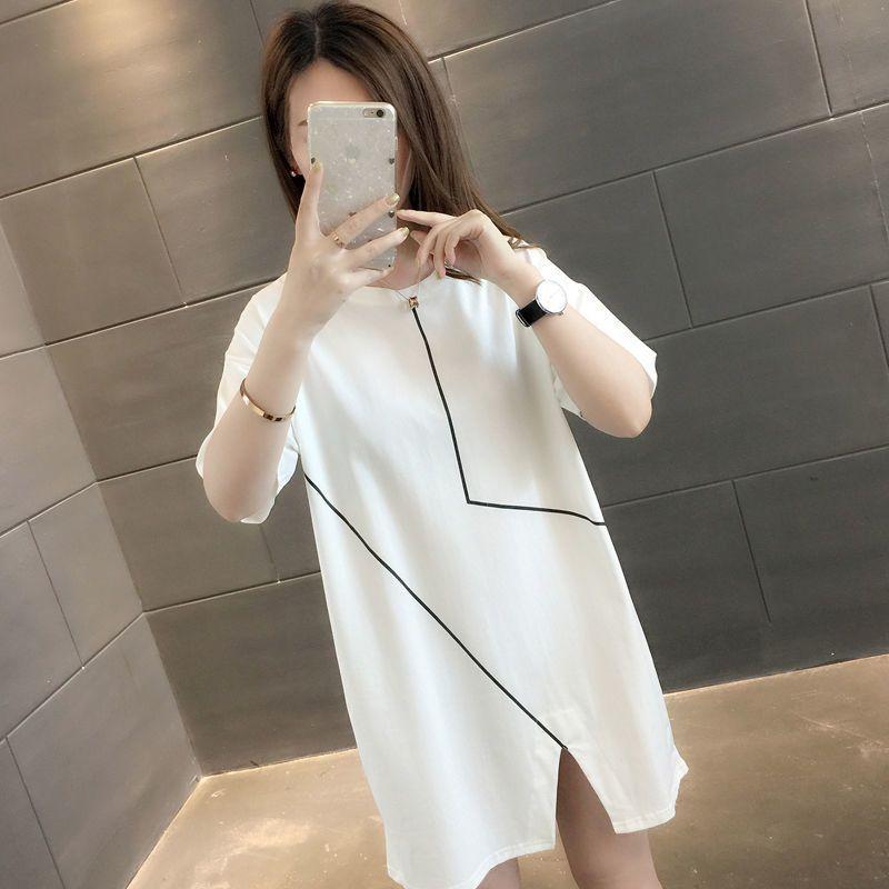 

Women s Black Oversized T-shirt Dress White Piping Detail Short Sleeve Asymmetrical Hem Casual Top S білий
