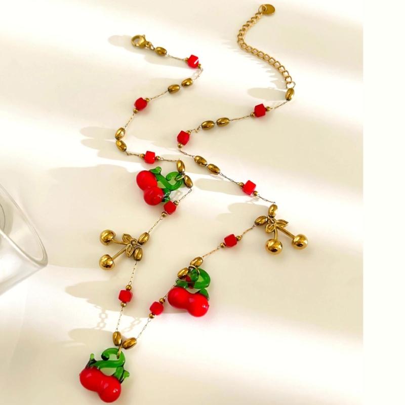 Sweet Cherry Inspired Necklace Stainless Steel Pendant Spring Summer Jewelry Gift Adjustable Chain For Daily Wear