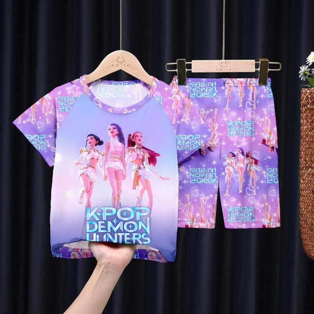 Kids Girls Boys 2PCS Pajamas Set K-pop Style Anime Short Sleeve T-shirt + Shorts Summer Comfortable Children Homewear Nightwear