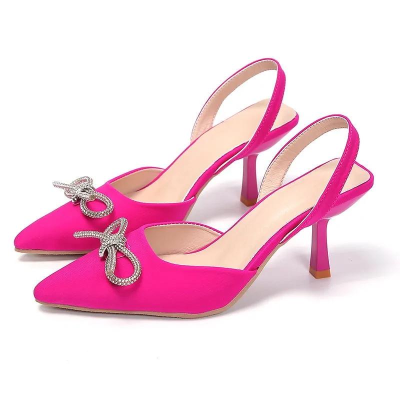 New 2025Women's High-heels Shoes Bow Rhinestone Fashion Woman Pumps Rose Red Pointed Toe Sexy Sandals Ladies Stiletto Mules