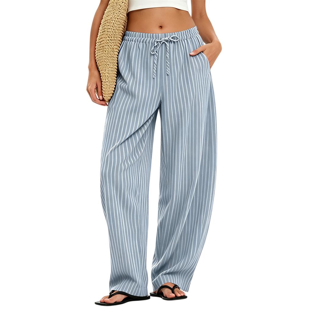Women's Striped Straight Leg Pants with Side Pockets – Elastic Waistband Loose Fit – Linen Cotton Casual Everyday Pants