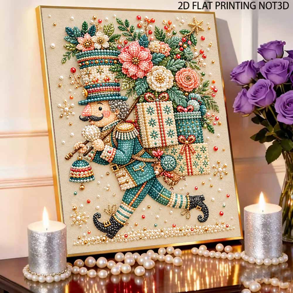 Christmas Nutcracker Pearl Bead Painting Kit with Frame Shiny Canvas Art for Creative Craft Home Decoration and Gift Holiday Wall Decor