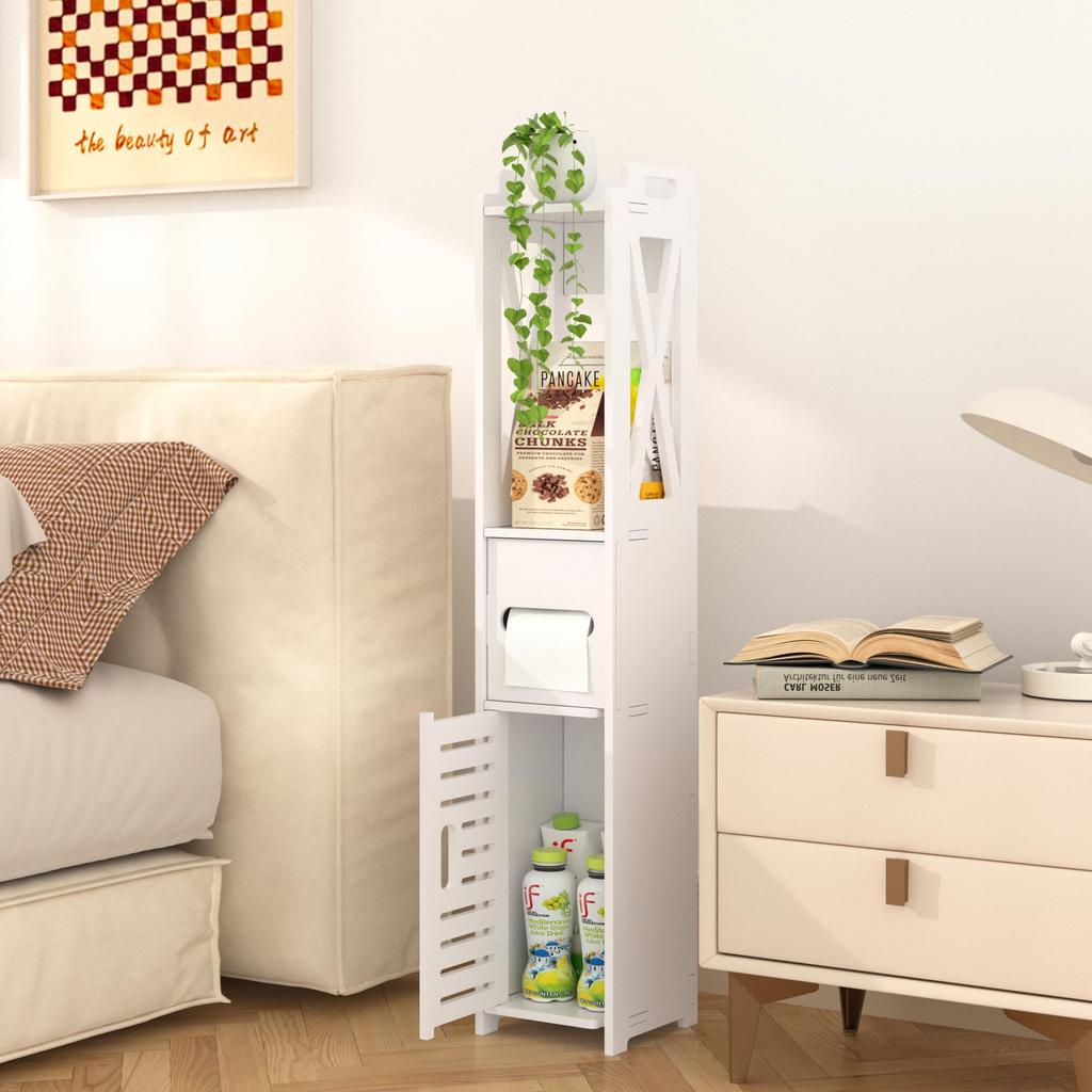 VECELO Toilettenaufbewahrung Schmal x x 80cm mit Einfacher Toilettenpapier-Ecke Lang und für Weißes Regal, Design, 15.5cm (W.) 15.5cm (D.) (H.), Tür, Baugruppe,