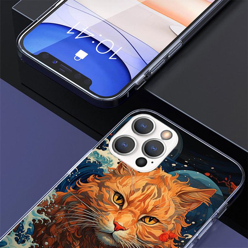 Anime Cat Sea Wave Aesthetic Cover Phone Case For iPhone 16 17 Air 15 14 Pro Max 16E Phone Case 13 Mini 12 11 7 SE 8 Print Patte