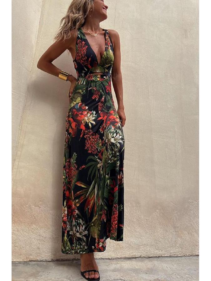 2023 European & American Sexy Print Spaghetti Strap Vacation Dress for Women