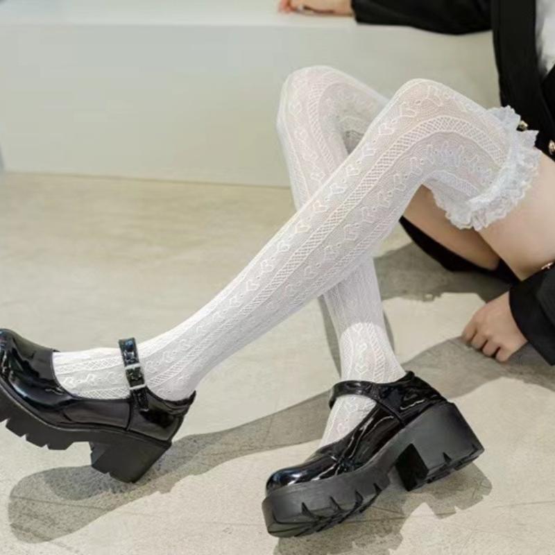 Women Sexy Lace Heart Fishnet Long Tube Mesh Over Knee Body Stockings Maid Cosplay Lolita Thigh High Fish Net Hosiery Long Socks