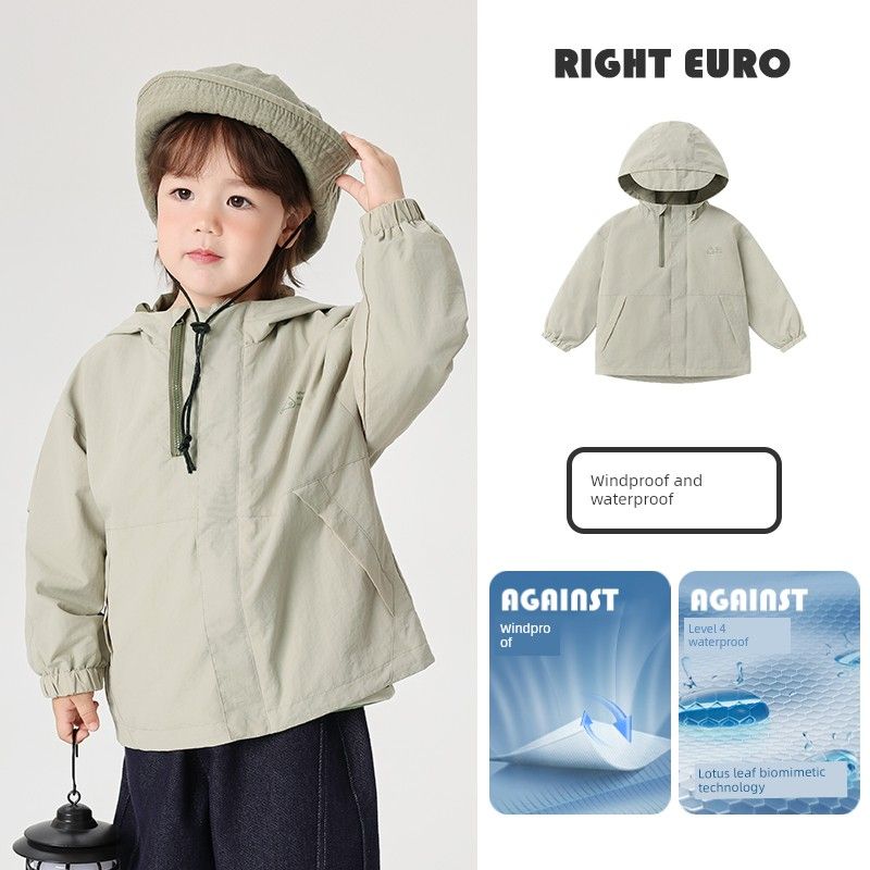 Right European Boys' Windproof Jacket 2026 Spring and Autumn New Casual Waterproof Hooded Clothing Children's Wear Baby Top
