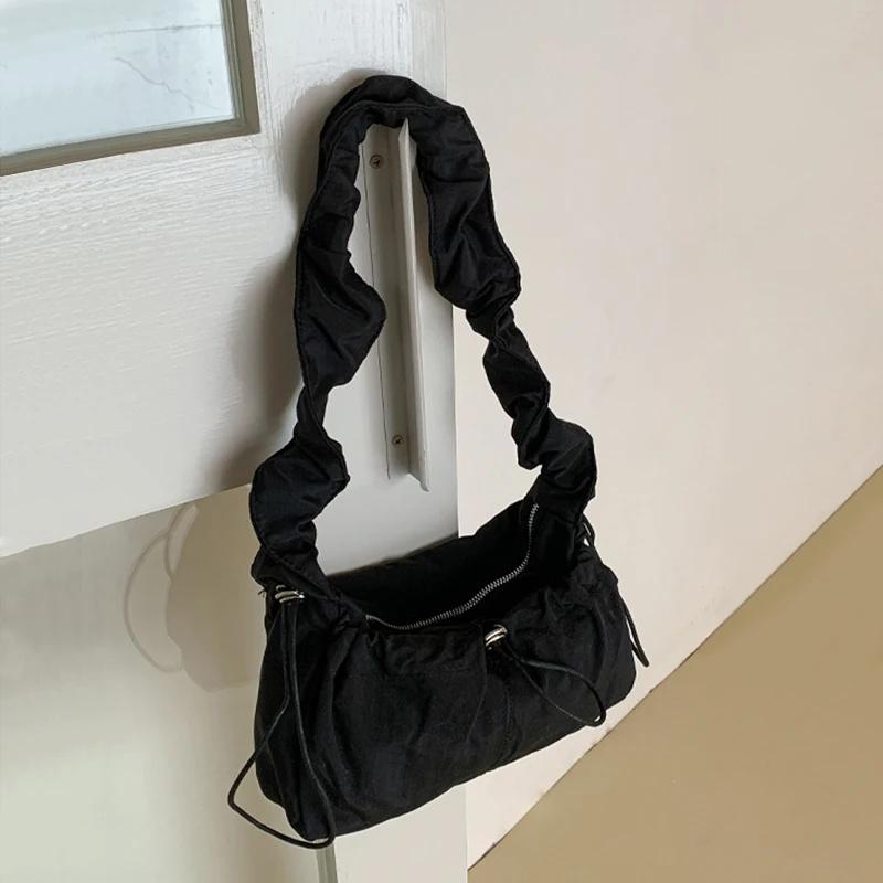 Fold Shoulder Bag Vintage Casual Designer Underarm Crossbody Bag Simple Fashion Women Pleated Nylon Fabric Shoulder Bags