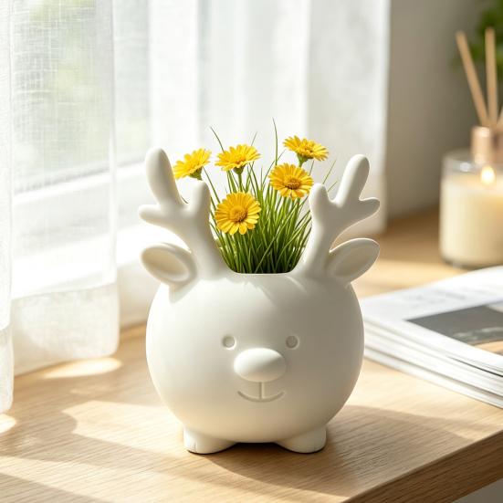 Office Desk Accessory 3D Printed Reindeer Succulents Planter Pot for Indoor Plants, Decorative Desktop Plant Organizer, Christmas Table Ornament,