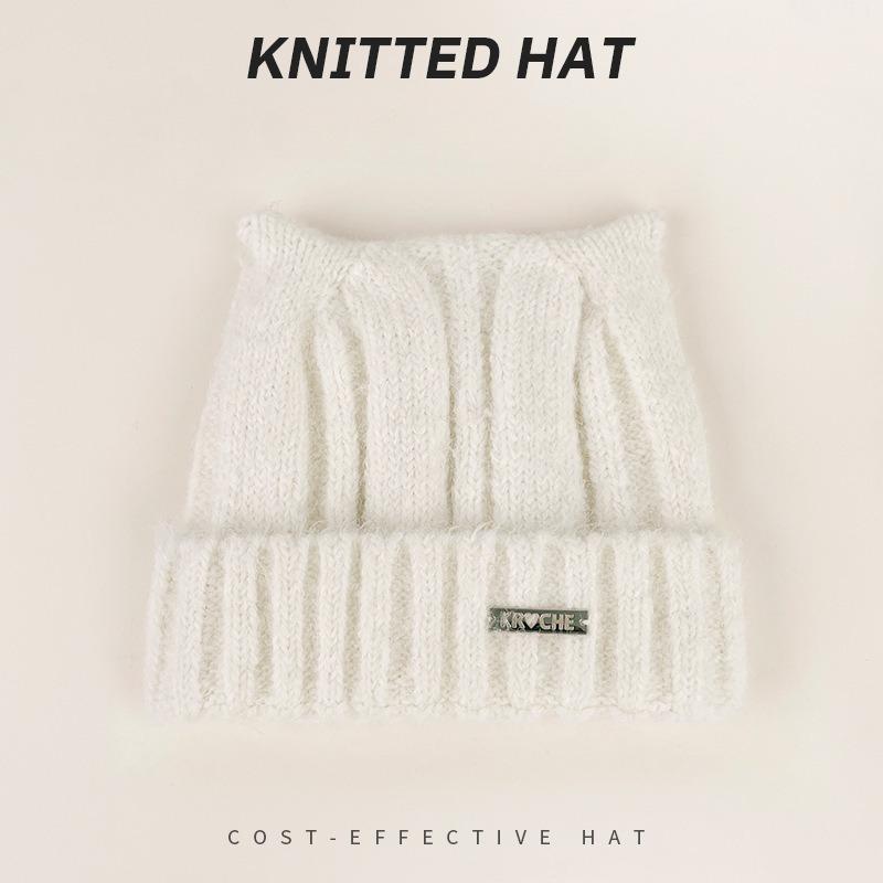 Cute Cat Ears Beanie Hat for Women Solid Color Warm Knit Cap Outdoor Ear Protection Pullover Cap Crochet Bonnet