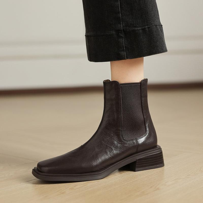 Fashion NEW Autumn Women Boots Genuine Leather Shoes for Women Square Toe Chunky Heel Shoes Slip-on Modern Boots Concise Daily Shoes