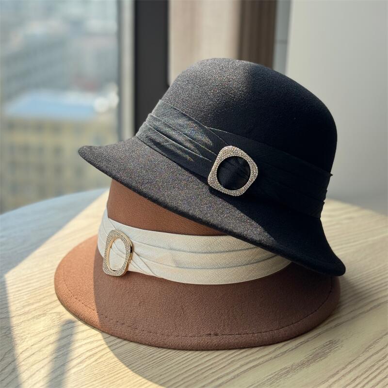 French retro top hat Hepburn style casual versatile elegant woolen bucket hat fashion celebrity bucket hat trend