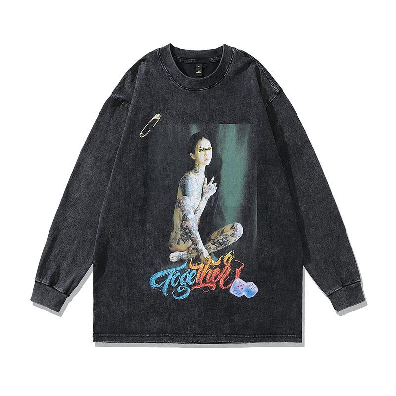 Autumn New American Vintage Hip-Hop Trendy Brand Cartoon Printing Casual Loose Couple Long-Sleeved T-Shirt Men And Women