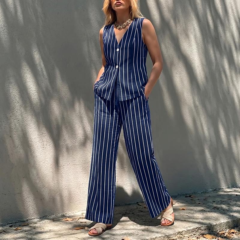 ZANZEA Women Sleeveless Vest Tops and Long Pants Casual Stripe Print Two Piece Sets