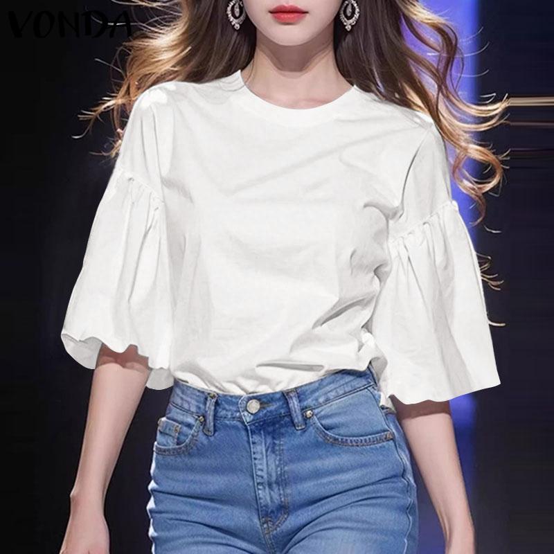 VONDA Summer Women Crew Neck Flare Sleeve Solid Color Casual Blouse