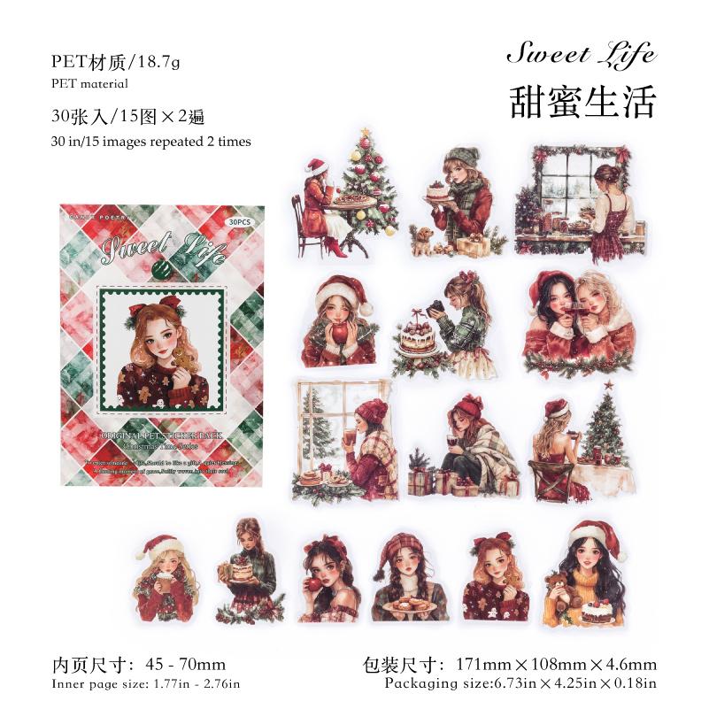 30pcs Retro Christmas Theme PET Stickers Creative Decoration DIY Junk Journal Scrapbook Aesthetic Material Craft Supplies