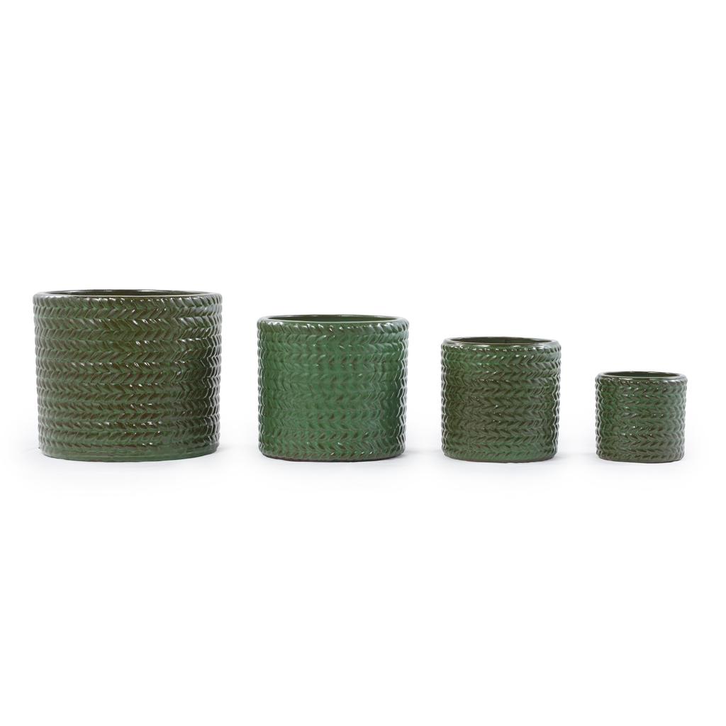 Handmade ceramic plant pot diameter 37 cm, olive green with herringbone relief, breathable