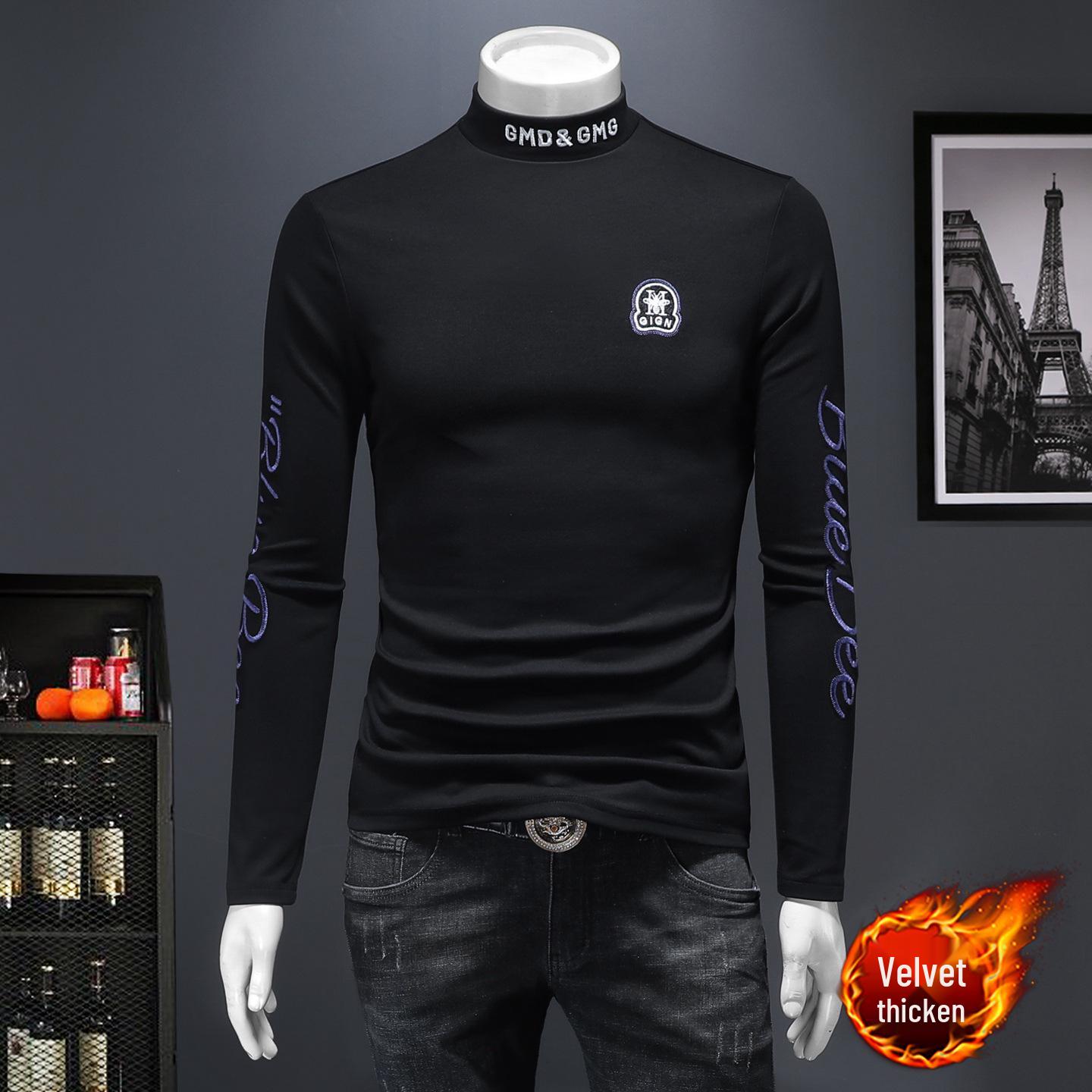 Men s Slim-fit Half-High Collar Embroidered Base Layer Sweater XL чёрный