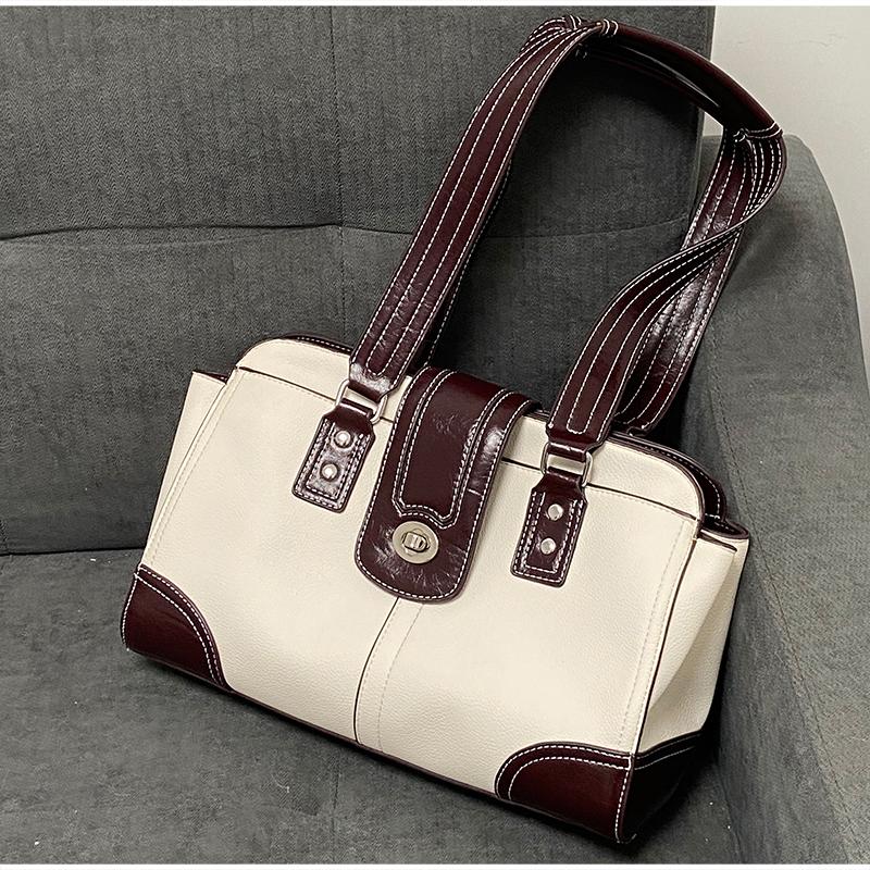 

Vintage Armpit Shoulder Bag Lychee Texture Leather Retro Lock Buckle Elegant Underarm Handbag Women Commuting Zipper Briefcase 30x10x21cm