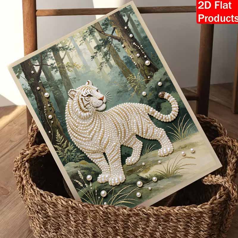 DIY Pearl Diamond Art Painting Kits for Adult and Beginners, Majestic White Tiger Sparkling Painting Craft Home Wall Decor Handmade Gift