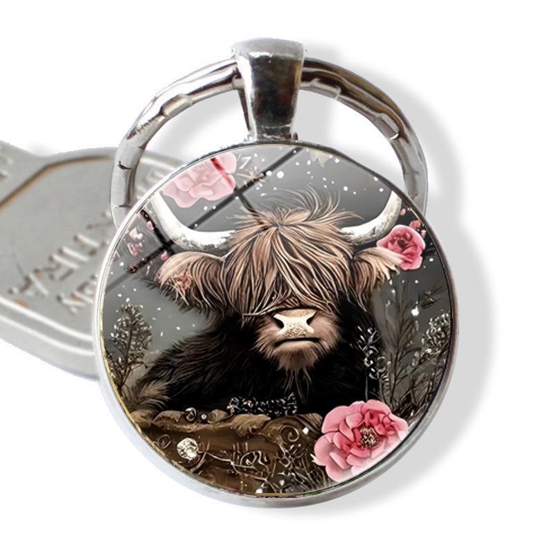 Highland Rose Cow Embossed Keychain with Time Gem Pendant