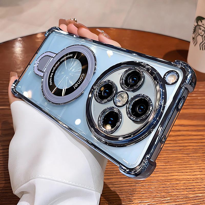 For OPPO Find X8 Pro Case Magnetic Holder Luxury Plating Airbag Soft Silicone Transparent Camera Protection Shockproof Cover