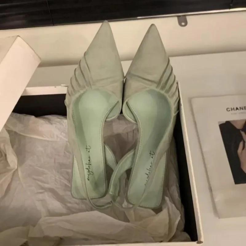 New Women Pleated Pointed Toe Slip On Thin Heels Modern Sandal 2025 Shoes Female Women's High Heels Plus Size Dress Pumps