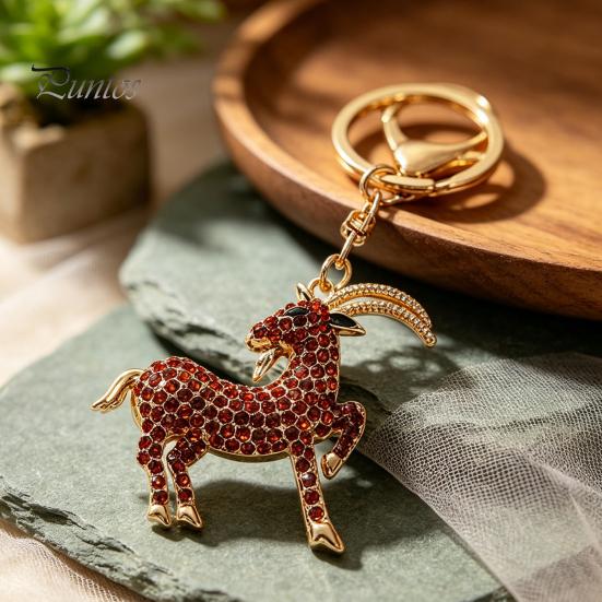 Decorative Backpack Accessory Goat Keychain with Sparkling Rhinestone, Golden Plated Sheep Alloy Rhinestone Keyring, Bling Animal Pendant for Handbag