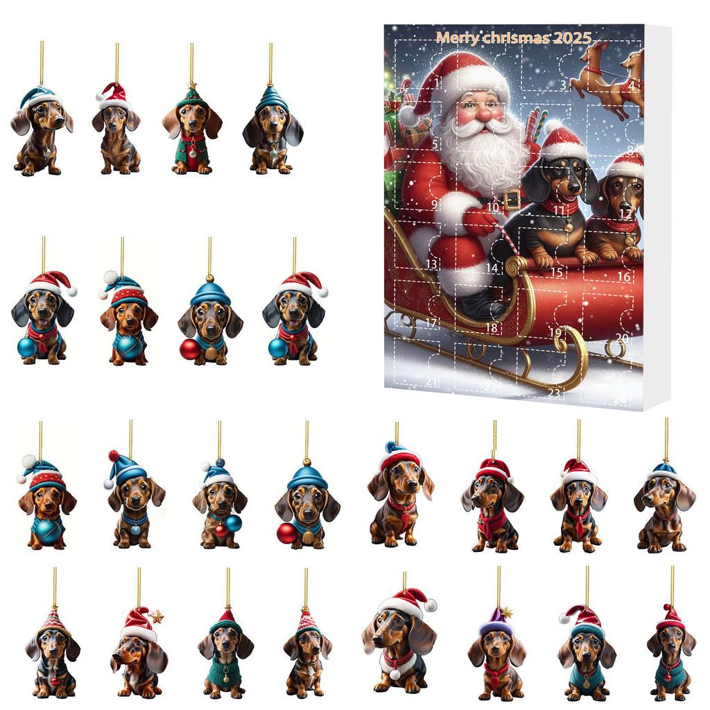 Christmas Advent Calendar with Santa Hats Hanging Dachshund Ornaments Mini Xmas Tree Dog Pendant for Holiday Backpack Ornaments
