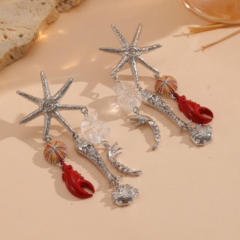 Layered Tassel Crab Starfish Shell Earrings Gold Zinc Alloy Boho Beach Style Statement Earring Women