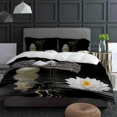 Zen Steine Weiße Blume Lotus Schwarz Bettbezug mit Kissenbezug Benutzerdefiniertes 3-teiliges Bettwäsche-Set Steppdecke Doppelbett Heimtextil
