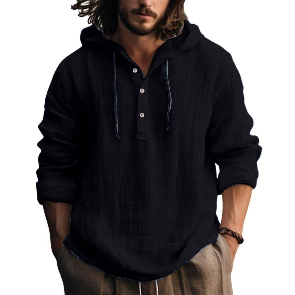 Men's Cotton Linen Hooded Sweatshirt - Casual Solid Color, Long Sleeve, Trendy Autumn Wear