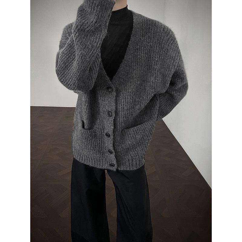 Стильный мужской вязаный кардиган с V-образным вырезом - Весна/Осень Корейский повседневный топ L темно-серого