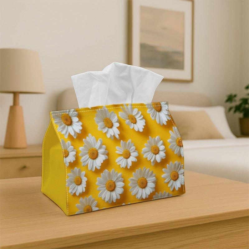 1pc Elegant Botanical Tissue Box with Daisy Flower Pattern - Yellow And White Modern Decorative Holder, Durable Polyester, Dining Table, Bathroom - Co