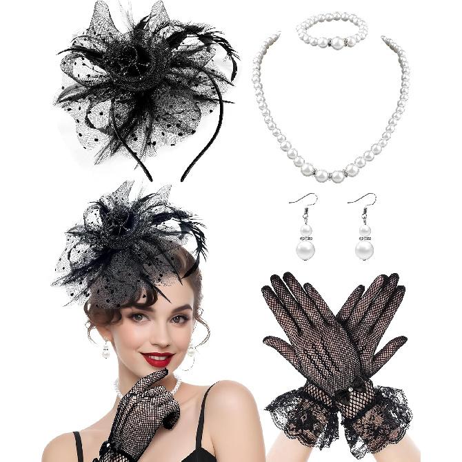 5Pcs Fascinators Hat for Women Tea Party Veil Mesh Headband Feather Hat for Women Veil Tea Party Hats