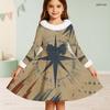 Girls Long Sleeve Printed Dress White Fur Trim A Line Flared Bow Decor