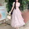 First Love French Square Collar Romantic Floral Chiffon Dress Women's Summer Large Size Temperament Waist Thin Fairy Dress