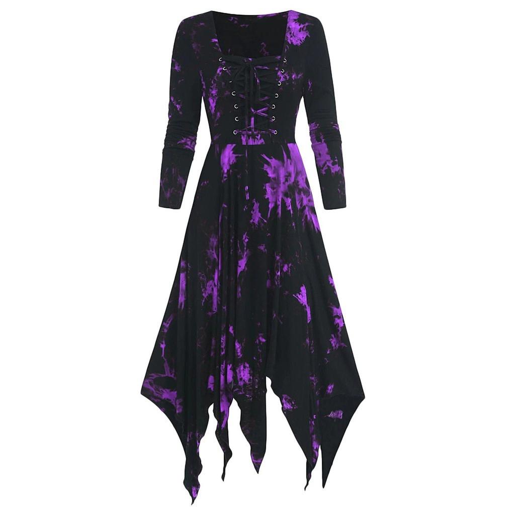 Women's Gothic Long Sleeve Lace Up Dress, Irregular Hem Medieval Witch Costume, Black Halloween Party Outfit