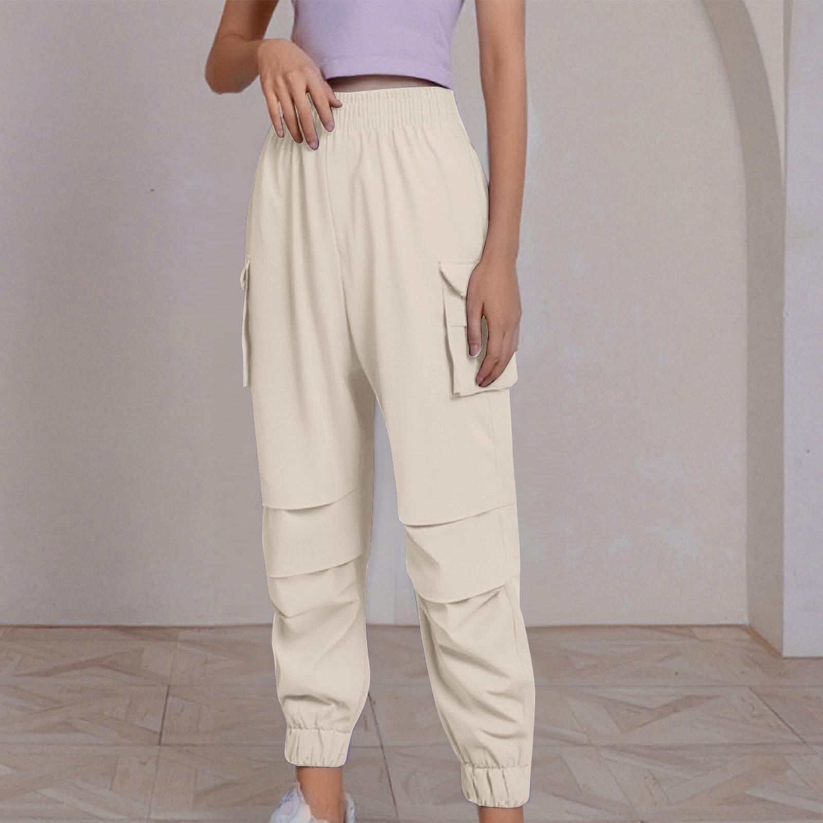 

Women s Fashion Casual Summer Multi-Pocket Solid Color Workwear Casual Pants L бежевий