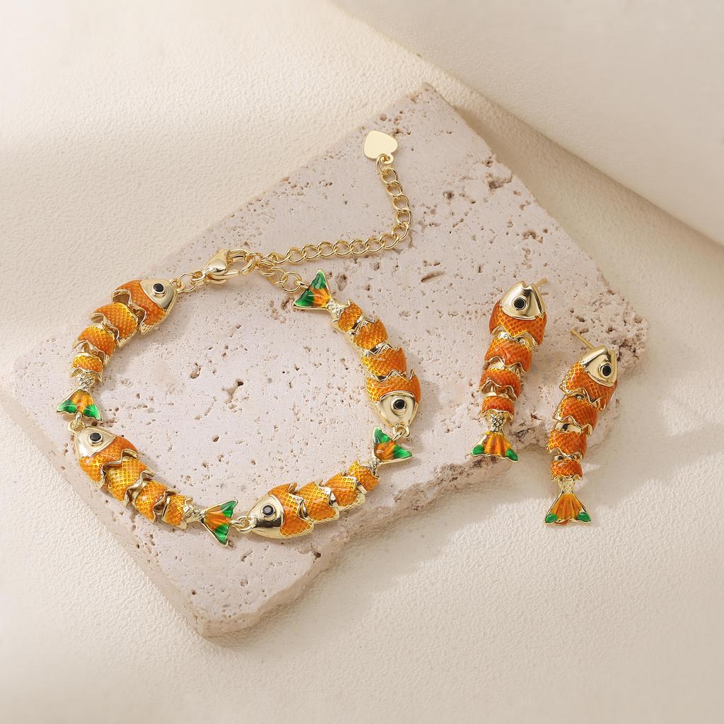 Colorful Fish-Motif Fashion Metal Zircon Handmade Colored Bracelet/Stud Earrings Women's Lucky Charm Accessories Gift