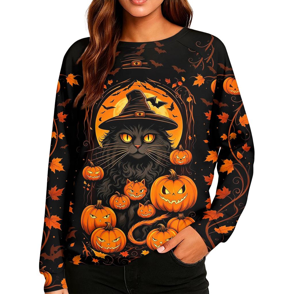 Women's Casual Halloween Print Raglan Long Sleeve Neck Sweatshirt Top