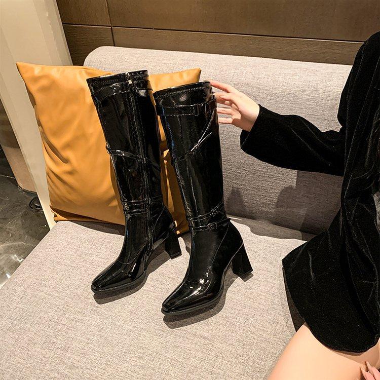 Giant Beauty~ White Coarse Heel Motorcycle Knight Boots Women's British French Belt Buckle Height Increasing Skinny Long Fashion Boots Women