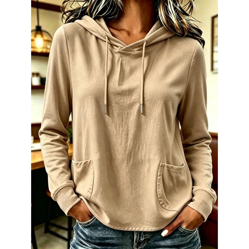 Women S Long Sleeve Hooded Sweatshirt Casual Solid Color With Pockets