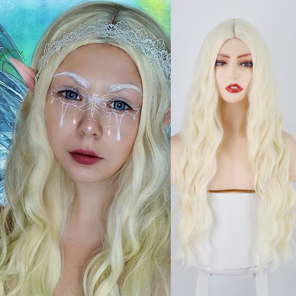 MISSQUEEN Golden Black Orange Wig Long Water Wave Halloween Cosplay Wig Female Synthetic Wig High Temperature Fiber