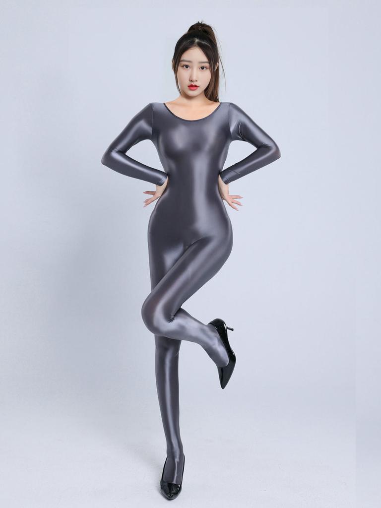 High Elasticity Plus Size Unisex Full Body Bodysuit Shiny Smooth Glossy Sexy Transparent Smooth Women Rompers Q0Gs