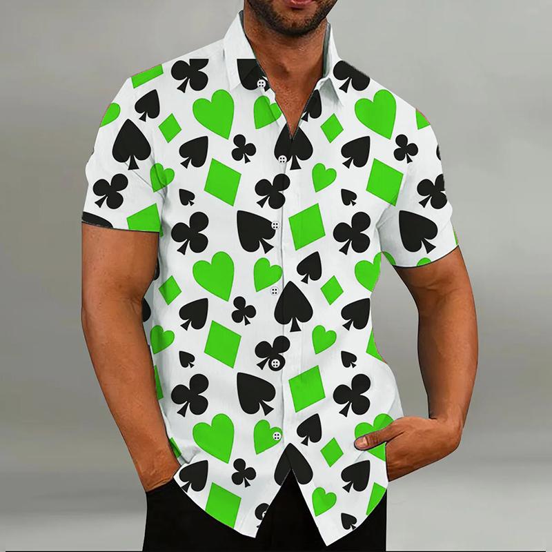 Huiteng4 Mode Herenoverhemd Speelkaarten 8 Kleuren Harten Schoppen 3D-print Revers Korte Mouw Outdoor Straat Casual Herenkleding M